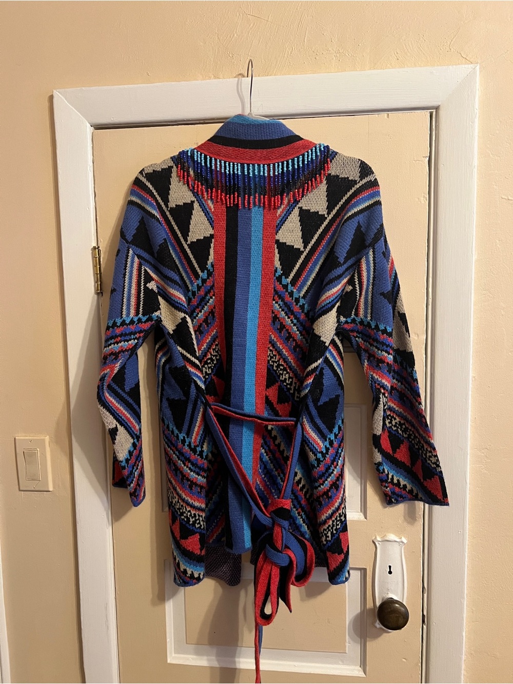FARM Rio Geometric Open-Front Cardigan Sweater - Blue, Red, Black, Cream - Picture 7 of 8